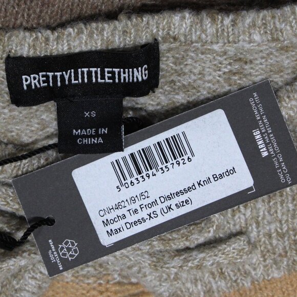 PrettyLittleThing XS Mocha Tie Front Distressed Knit Bardot Maxi Dress - Picture 4 of 6